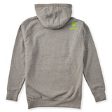 A heather gray hoodie shown from the back, featuring the double diamond shield logo and the text 'till i die' on the upper right shoulder, set against a plain white background.