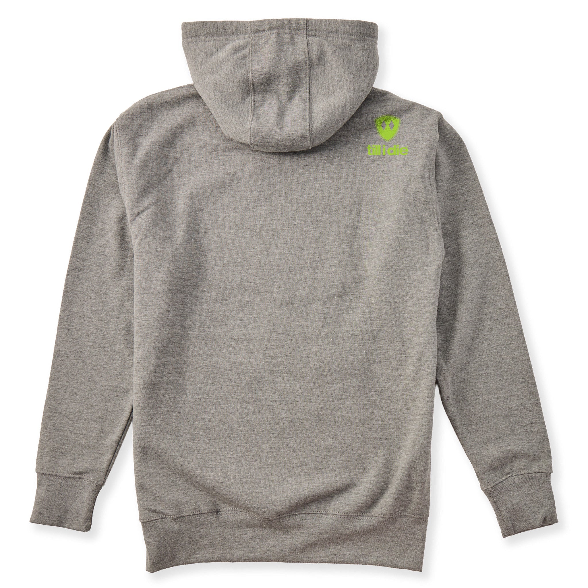 A heather gray hoodie shown from the back, featuring the double diamond shield logo and the text 'till i die' on the upper right shoulder, set against a plain white background.