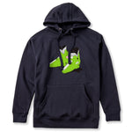 A navy hoodie featuring a graphic print of lime green retro rear entry ski boots with black and white details on the front chest, displayed against a solid white background.