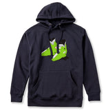 A navy hoodie featuring a graphic print of lime green retro rear entry ski boots with black and white details on the front chest, displayed against a solid white background.