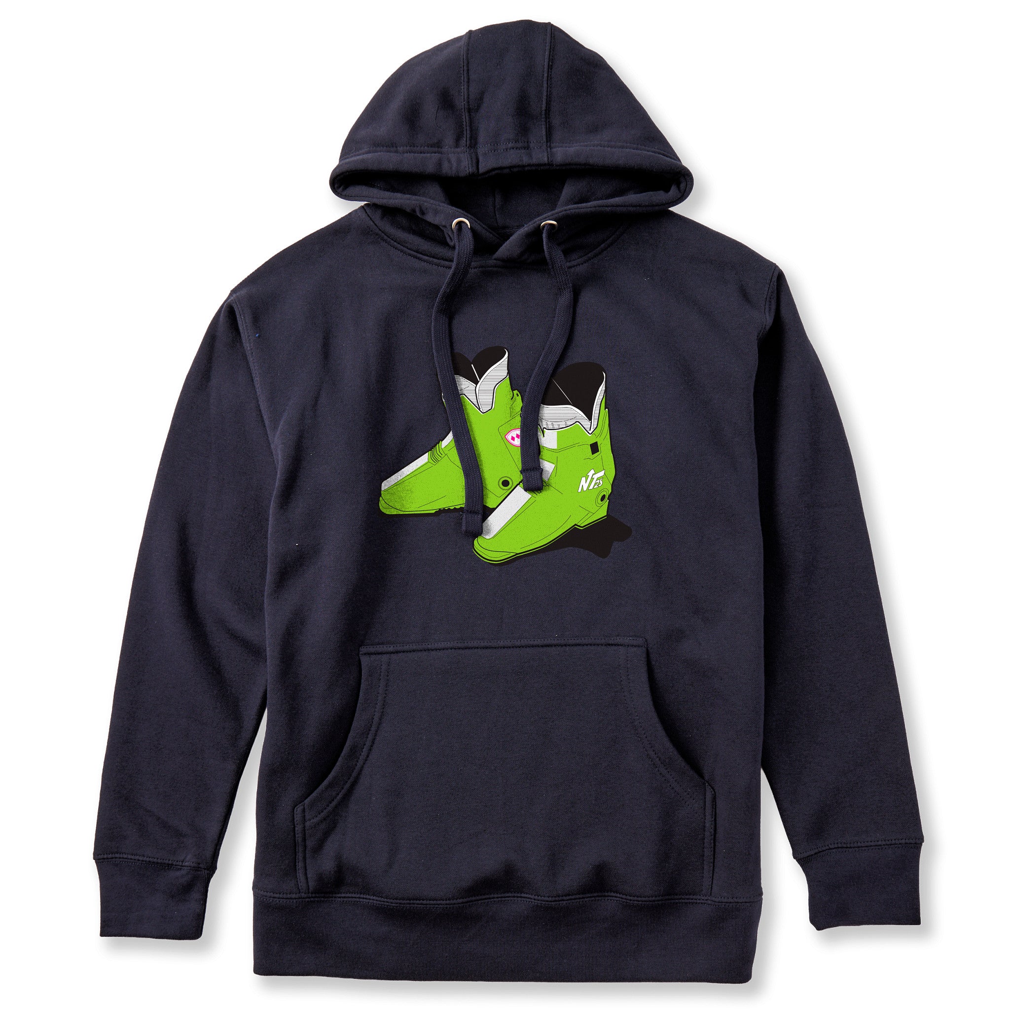A navy hoodie featuring a graphic print of lime green retro rear entry ski boots with black and white details on the front chest, displayed against a solid white background.