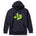 A navy hoodie featuring a graphic print of lime green retro rear entry ski boots with black and white details on the front chest, displayed against a solid white background.