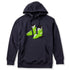 A navy hoodie featuring a graphic print of lime green retro rear entry ski boots with black and white details on the front chest, displayed against a solid white background.