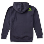 A navy hoodie shown from the back, featuring the double diamond shield logo and the text 'till i die' on the upper right shoulder, set against a plain white background.