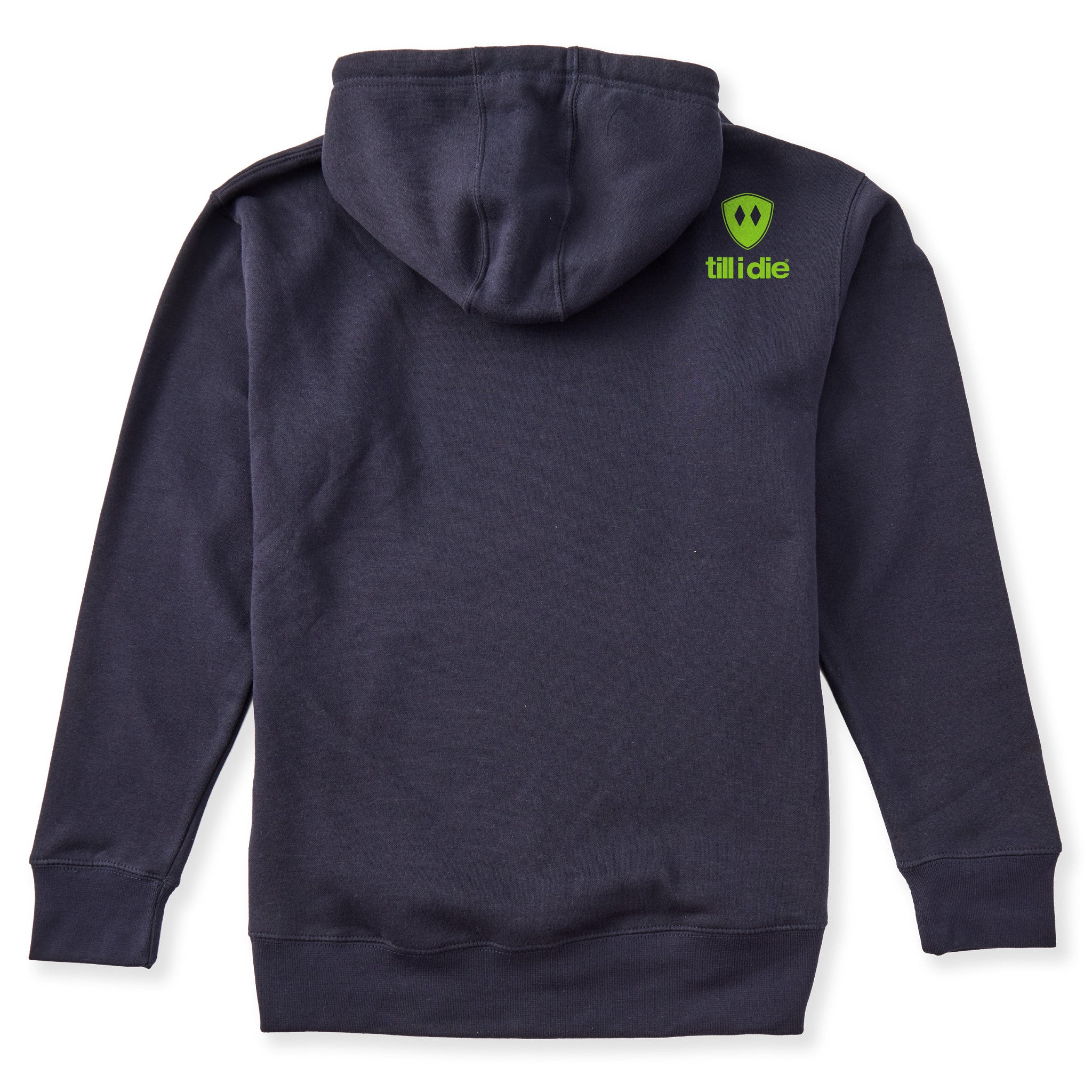 A navy hoodie shown from the back, featuring the double diamond shield logo and the text 'till i die' on the upper right shoulder, set against a plain white background.