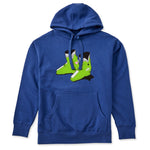 A royal blue hoodie featuring a graphic print of lime green retro rear entry ski boots with black and white details on the front chest, displayed against a solid white background.