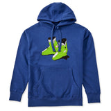 A royal blue hoodie featuring a graphic print of lime green retro rear entry ski boots with black and white details on the front chest, displayed against a solid white background.