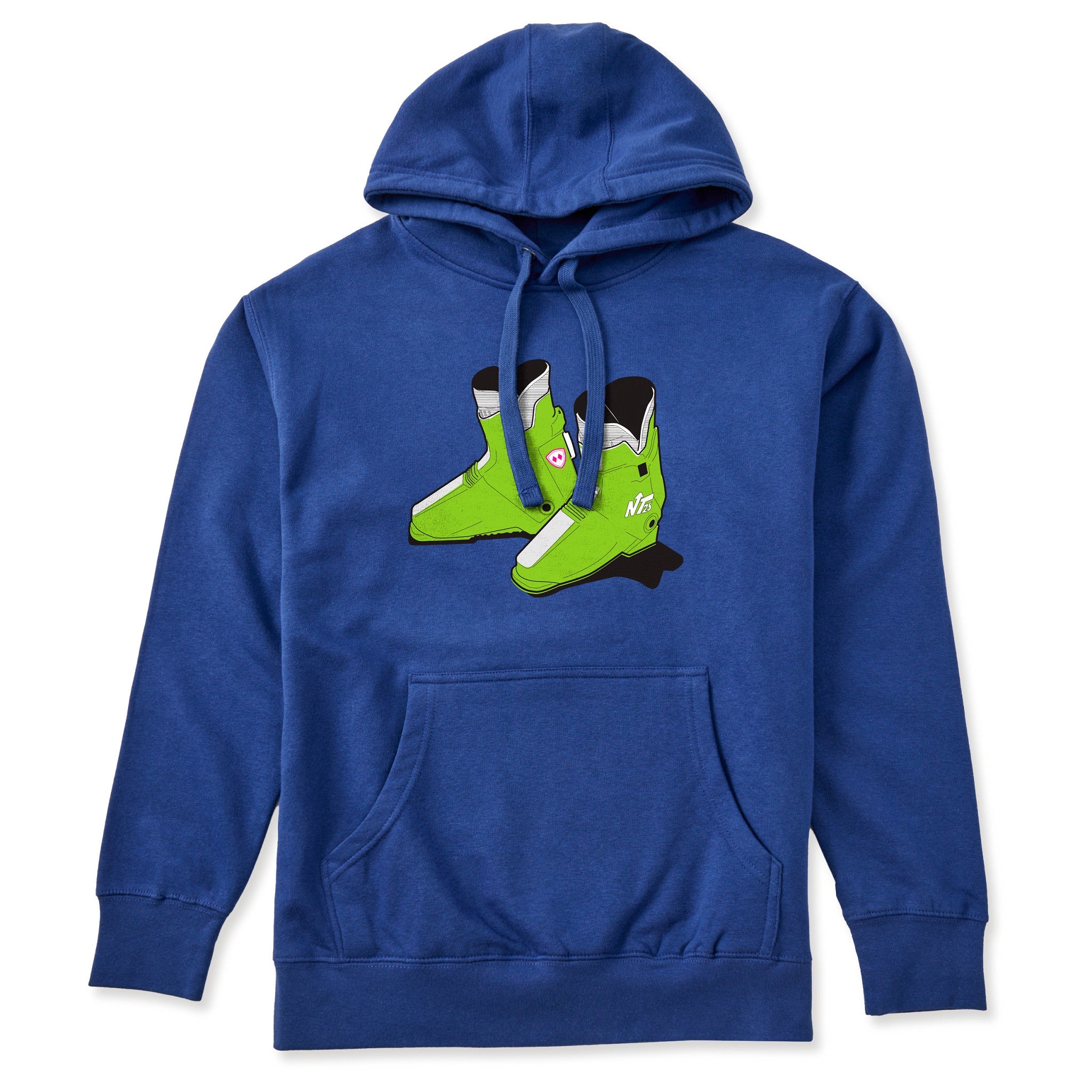 A royal blue hoodie featuring a graphic print of lime green retro rear entry ski boots with black and white details on the front chest, displayed against a solid white background.
