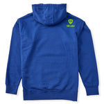 A royal blue hoodie shown from the back, featuring the double diamond shield logo and the text 'till i die' on the upper right shoulder, set against a plain white background.