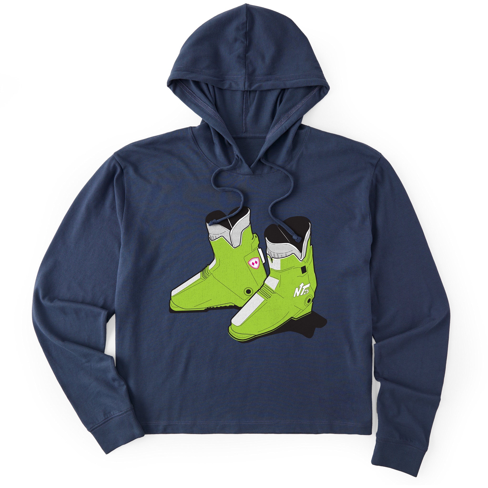 A navy blue pullover hoodie featuring a graphic print of lime green retro rear entry ski boots with white and black details on the front chest, displayed against a solid white background.