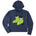 A navy blue pullover hoodie featuring a graphic print of lime green retro rear entry ski boots with white and black details on the front chest, displayed against a solid white background.