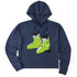 A navy blue pullover hoodie featuring a graphic print of lime green retro rear entry ski boots with white and black details on the front chest, displayed against a solid white background.