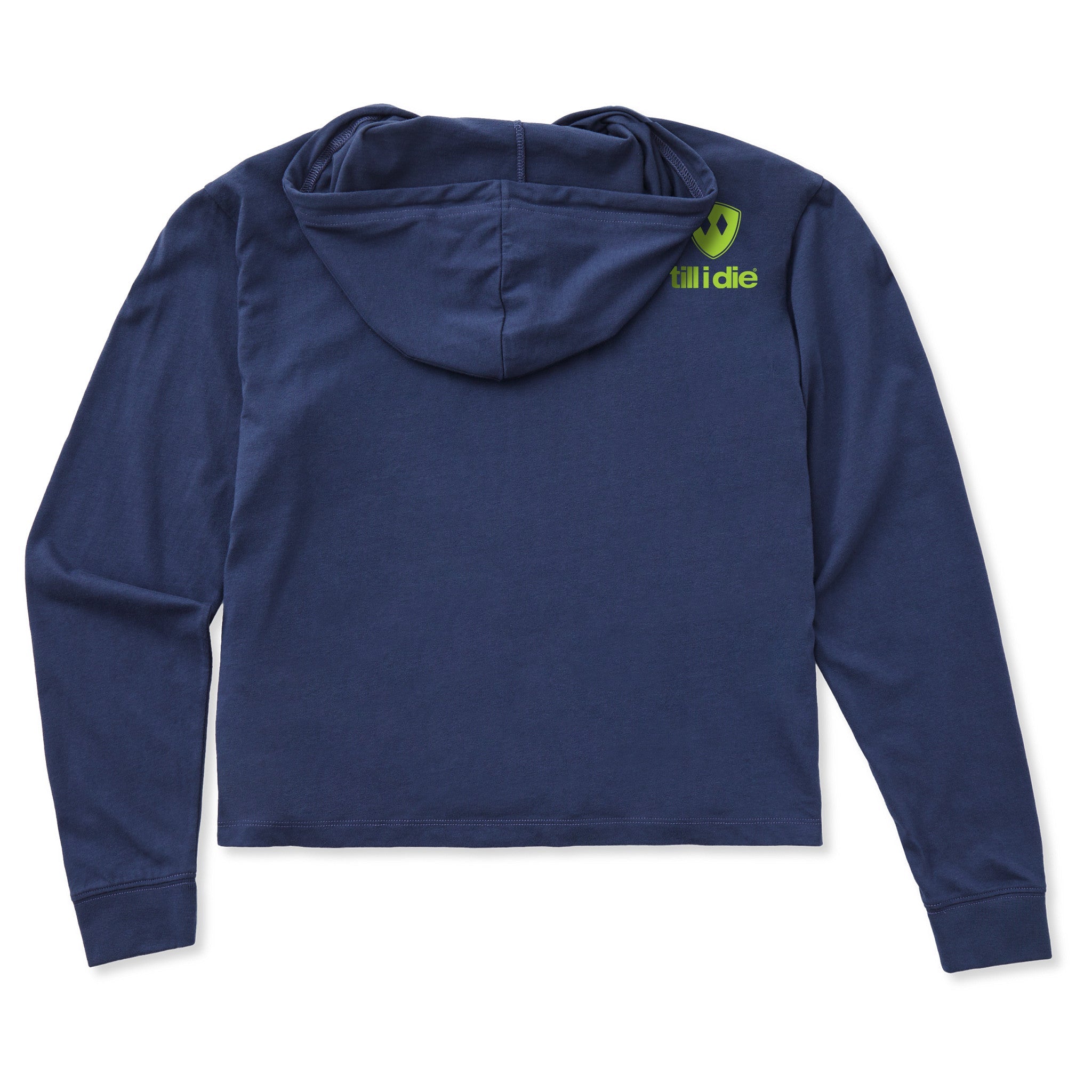 A navy blue cropped hooded sweatshirt shown from the back, featuring a small lime green Till I Die logo on the upper right shoulder, set against a plain white background.