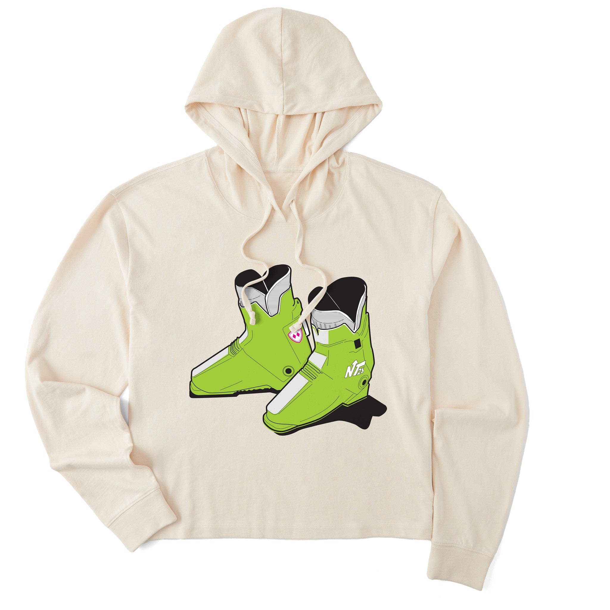 An off white pullover hoodie featuring a graphic print of lime green retro rear entry ski boots with white and black details on the front chest, displayed against a solid white background.