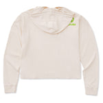 An off white cropped hooded sweatshirt shown from the back, featuring a small lime green Till I Die logo on the upper right shoulder, set against a plain white background.