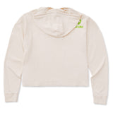 An off white cropped hooded sweatshirt shown from the back, featuring a small lime green Till I Die logo on the upper right shoulder, set against a plain white background.