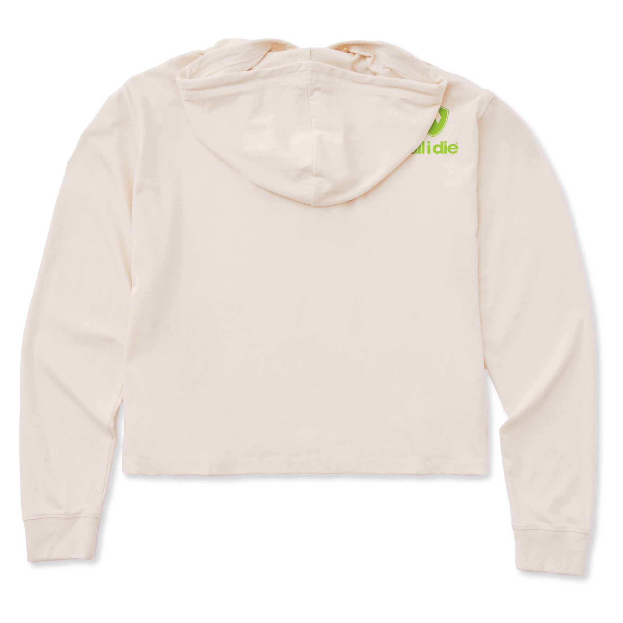 An off white cropped hooded sweatshirt shown from the back, featuring a small lime green Till I Die logo on the upper right shoulder, set against a plain white background.