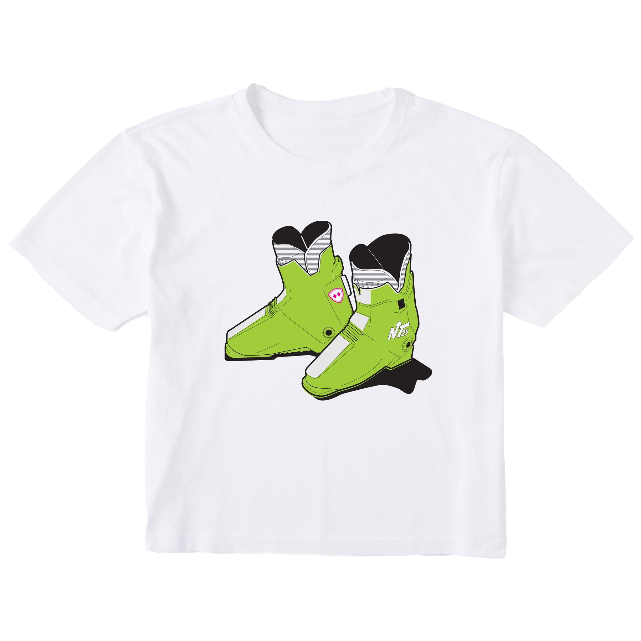 A white short-sleeve crewneck t-shirt featuring a graphic print of a pair of bright lime green rear entry ski boots with black and white details on the front.