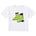 A white short-sleeve crewneck t-shirt featuring a graphic print of a pair of bright lime green rear entry ski boots with black and white details on the front.