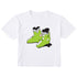 A white short-sleeve crewneck t-shirt featuring a graphic print of a pair of bright lime green rear entry ski boots with black and white details on the front.