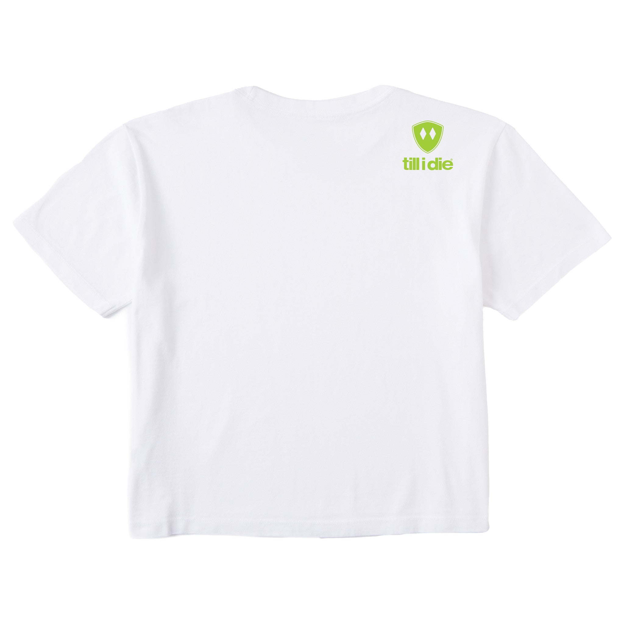 A white short-sleeve t-shirt shown from the back, featuring the double diamond shield and 'till i die' brand text on the upper right back, set against a plain white background.