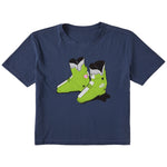 A navy blue short-sleeve t-shirt with a graphic print of green and white rear entry ski boots in the center, displayed on a solid white background.