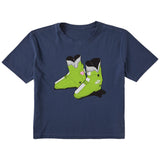 A navy blue short-sleeve t-shirt with a graphic print of green and white rear entry ski boots in the center, displayed on a solid white background.