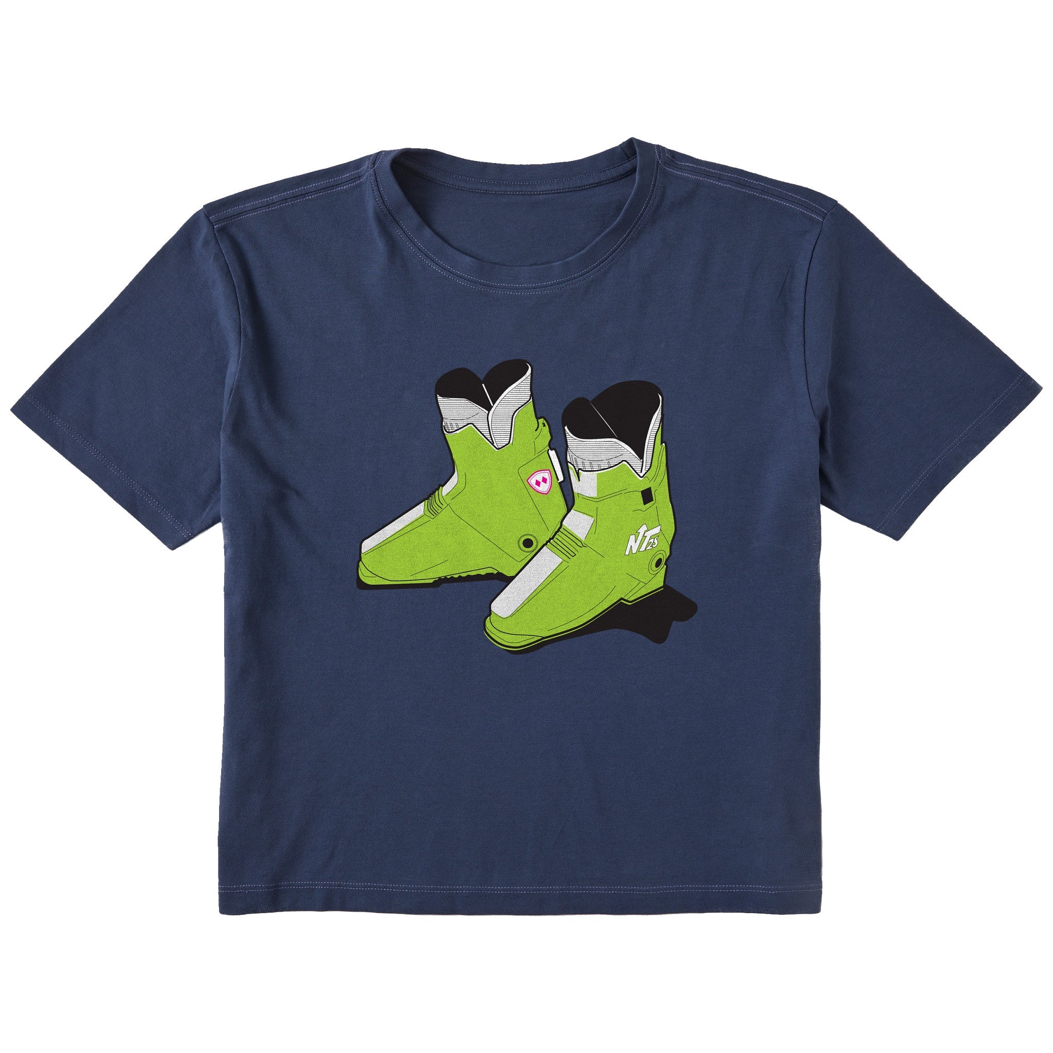 A navy blue short-sleeve t-shirt with a graphic print of green and white rear entry ski boots in the center, displayed on a solid white background.