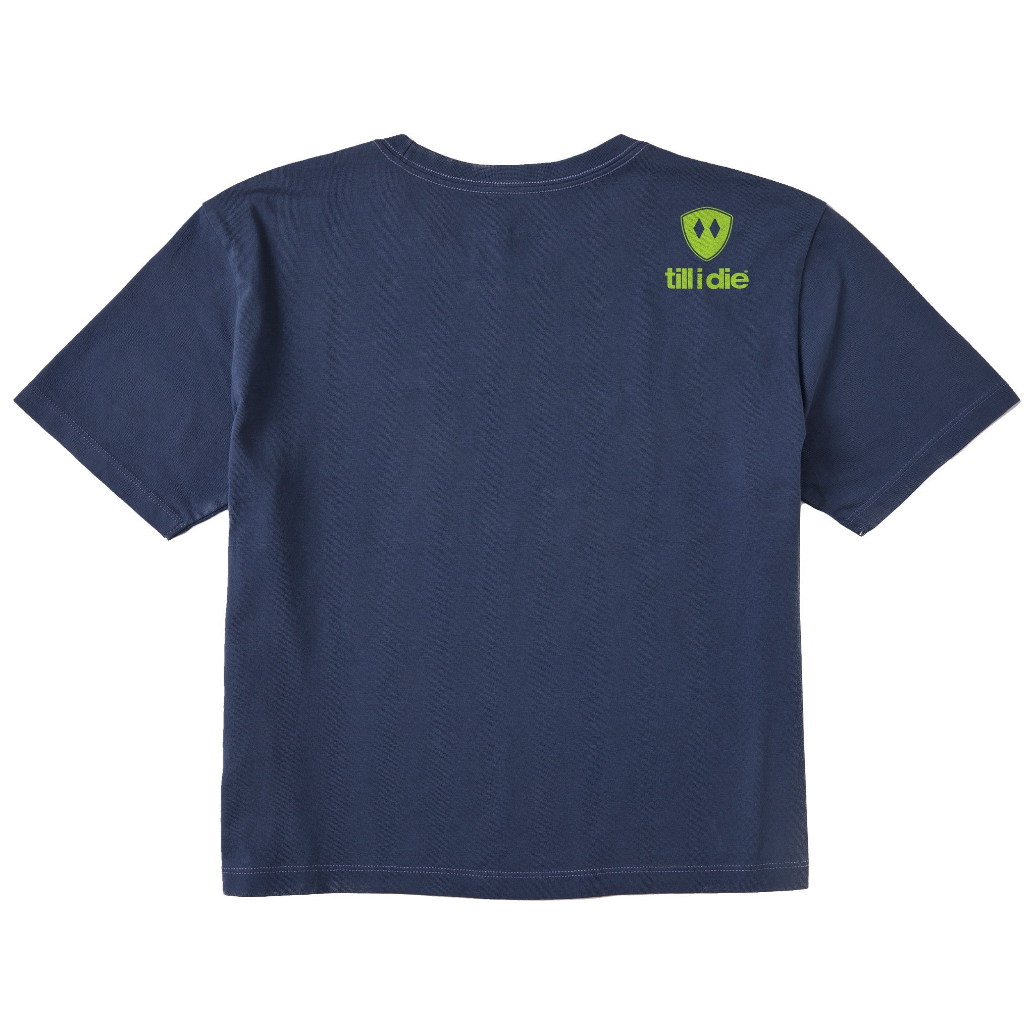 A navy blue short-sleeve t-shirt shown from the back, featuring the double diamond shield and 'till i die' brand text on the upper right back, set against a plain white background.