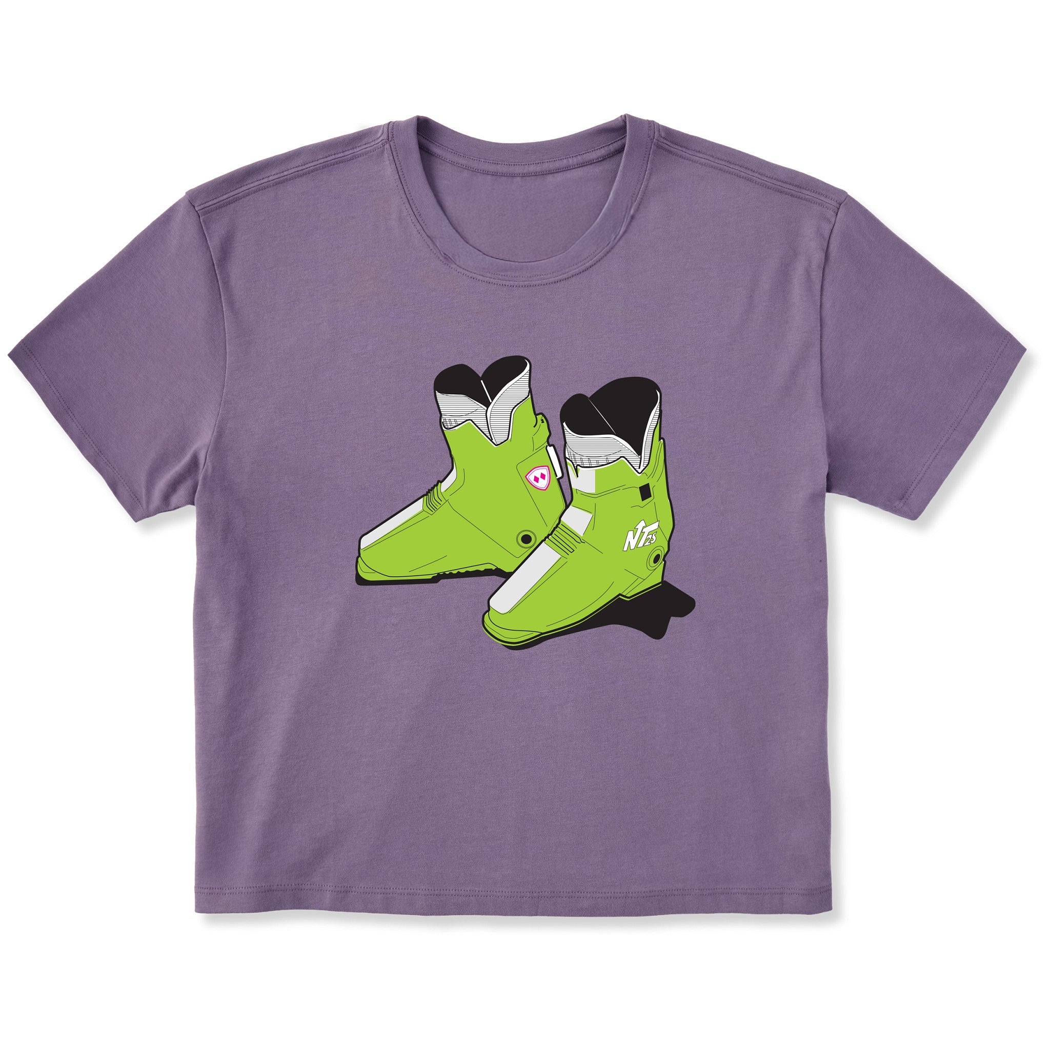 A purple short-sleeve crewneck t-shirt featuring a graphic print of two lime green rear entry ski boots in the center, displayed on a clean white background.