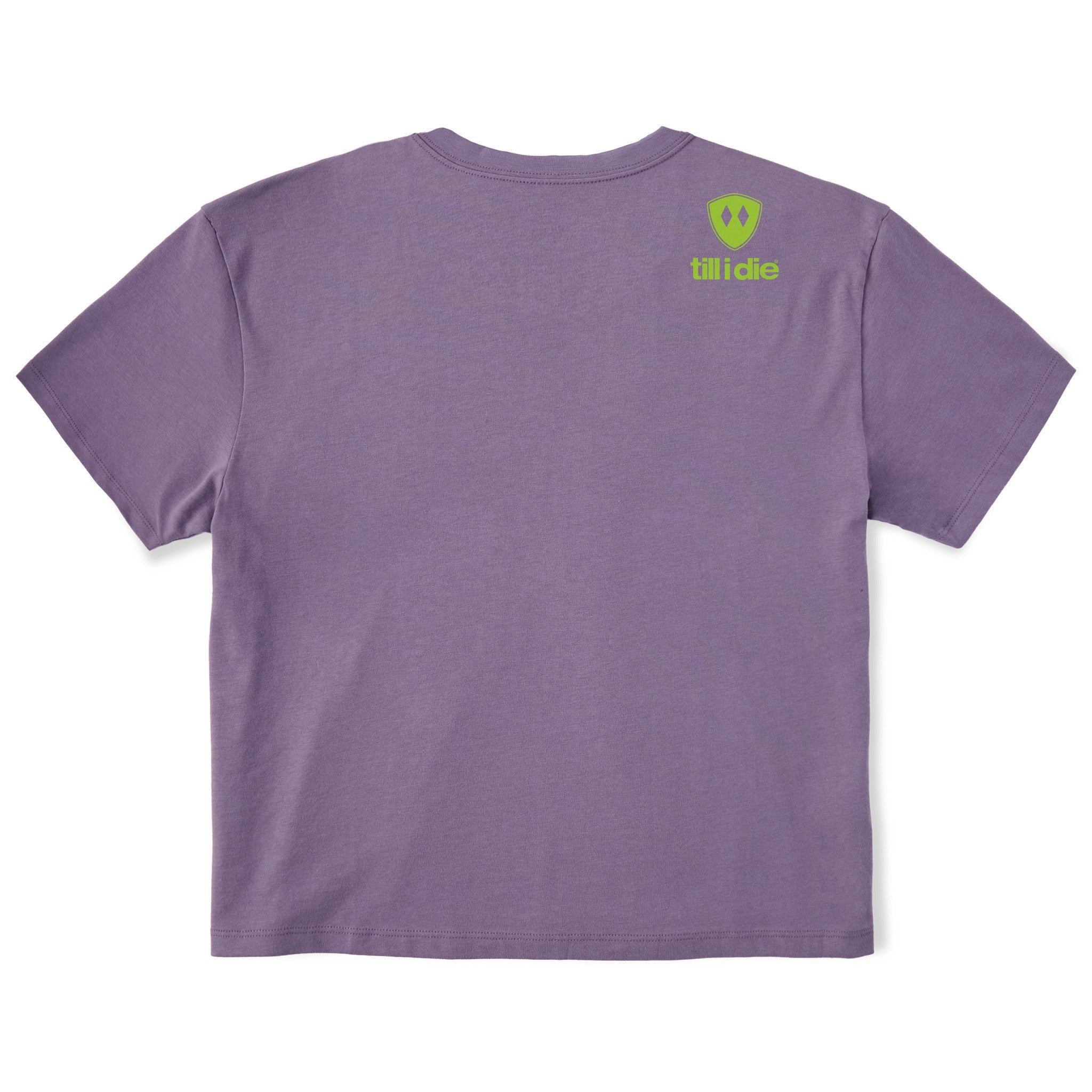 A heather purple short-sleeve t-shirt shown from the back, ffeaturing the double diamond shield and 'till i die' brand text on the upper right back, set against a plain white background.