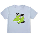 A light blue short-sleeve crewneck t-shirt featuring a graphic print of a pair of lime green retro rear entry ski boots in the center.