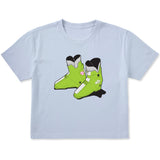 A light blue short-sleeve crewneck t-shirt featuring a graphic print of a pair of lime green retro rear entry ski boots in the center.
