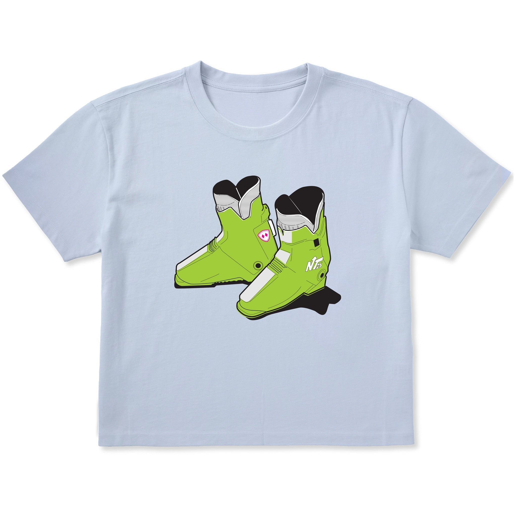 A light blue short-sleeve crewneck t-shirt featuring a graphic print of a pair of lime green retro rear entry ski boots in the center.