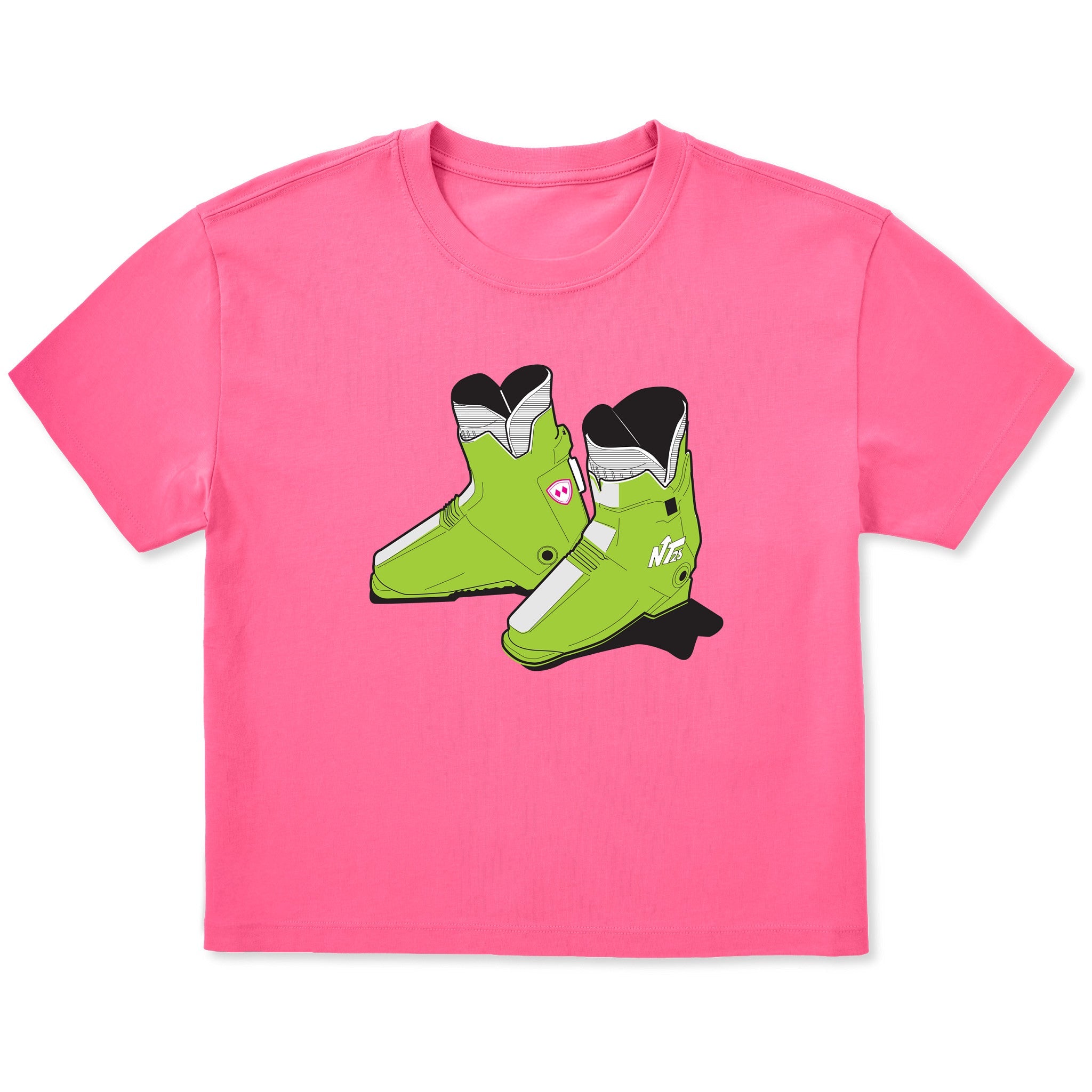 A bright pink short-sleeve t-shirt featuring a graphic print of lime green retro rear entry ski boots with black and white details on the front chest, displayed against a solid white background.