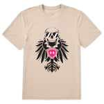 Off white short sleeve T-shirt featuring a bold black winged skull wearing sunglasses, finished with a bright pink Double Diamond shield at the center.