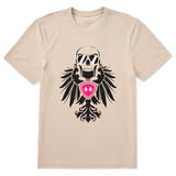 Off white short sleeve T-shirt featuring a bold black winged skull wearing sunglasses, finished with a bright pink Double Diamond shield at the center.