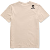 A light beige crewneck t-shirt shown from the back, featuring a double diamond shield and the brand name 'till i die' printed on the upper right back.