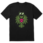 Black short sleeve T-shirt featuring a bold military green winged skull wearing sunglasses, finished with a bright pink Double Diamond shield at the center.