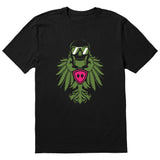 Black short sleeve T-shirt featuring a bold military green winged skull wearing sunglasses, finished with a bright pink Double Diamond shield at the center.
