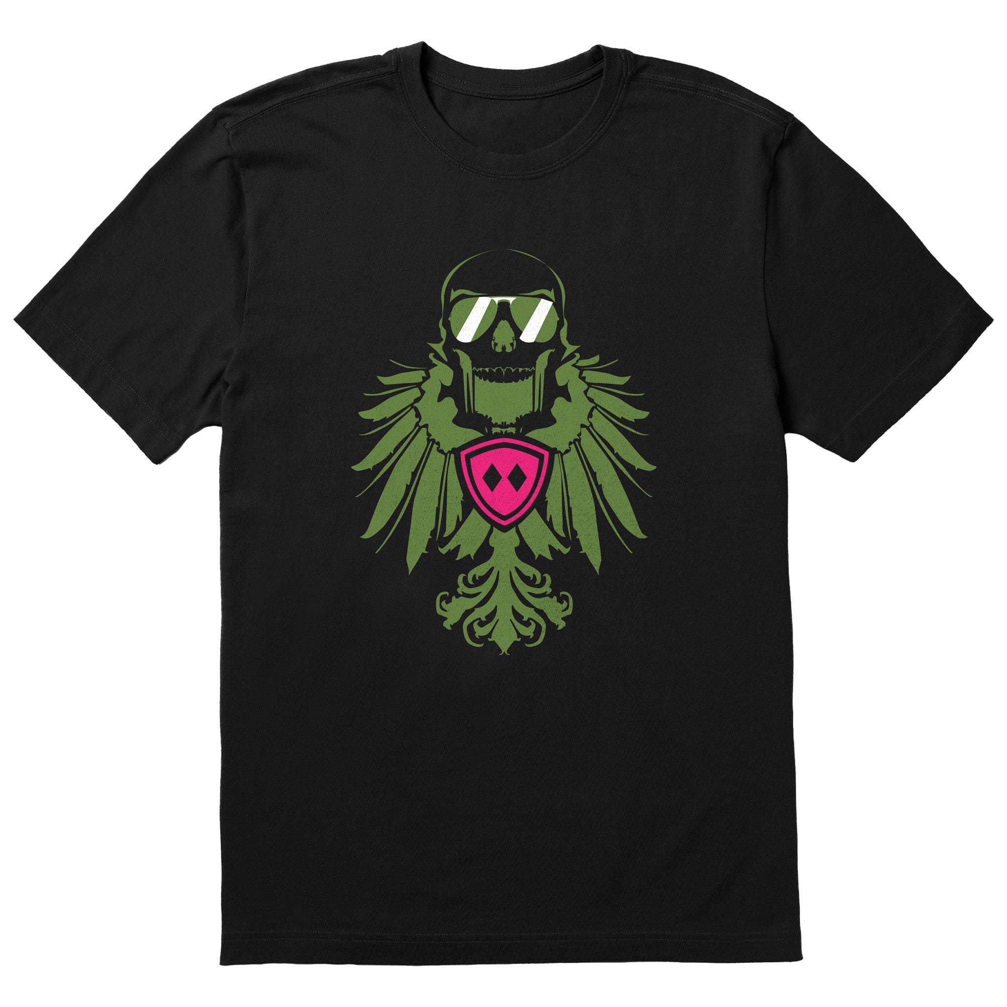 Black short sleeve T-shirt featuring a bold military green winged skull wearing sunglasses, finished with a bright pink Double Diamond shield at the center.