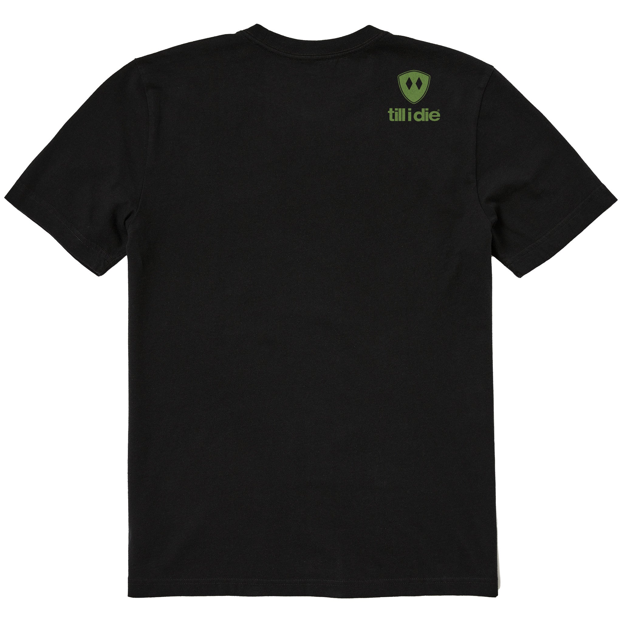 A black short-sleeve t-shirt shown from the back, featuring a double diamond shield and the brand name 'till i die' printed on the upper right back.