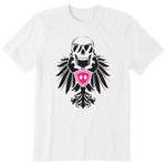 White short sleeve T-shirt featuring a bold black winged skull wearing sunglasses, finished with a bright pink Double Diamond shield at the center.