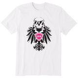 White short sleeve T-shirt featuring a bold black winged skull wearing sunglasses, finished with a bright pink Double Diamond shield at the center.