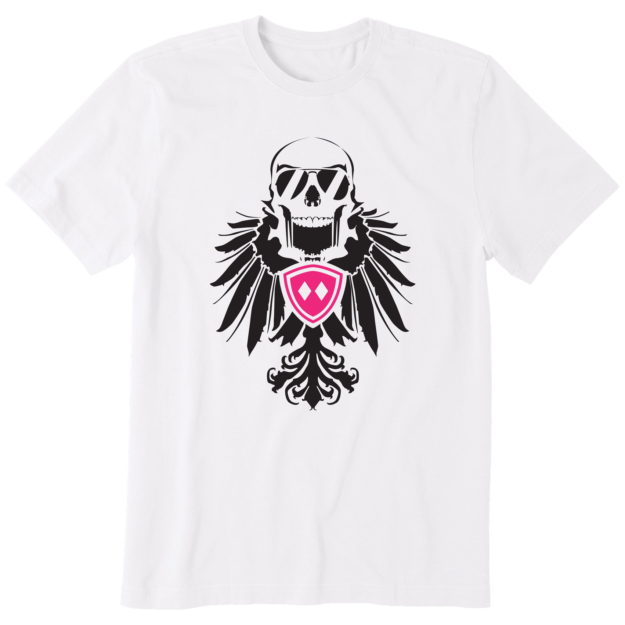 White short sleeve T-shirt featuring a bold black winged skull wearing sunglasses, finished with a bright pink Double Diamond shield at the center.
