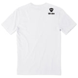 White short-sleeve crewneck t-shirt featuring a double diamond shield and the brand name 'till i die' printed on the upper right back.