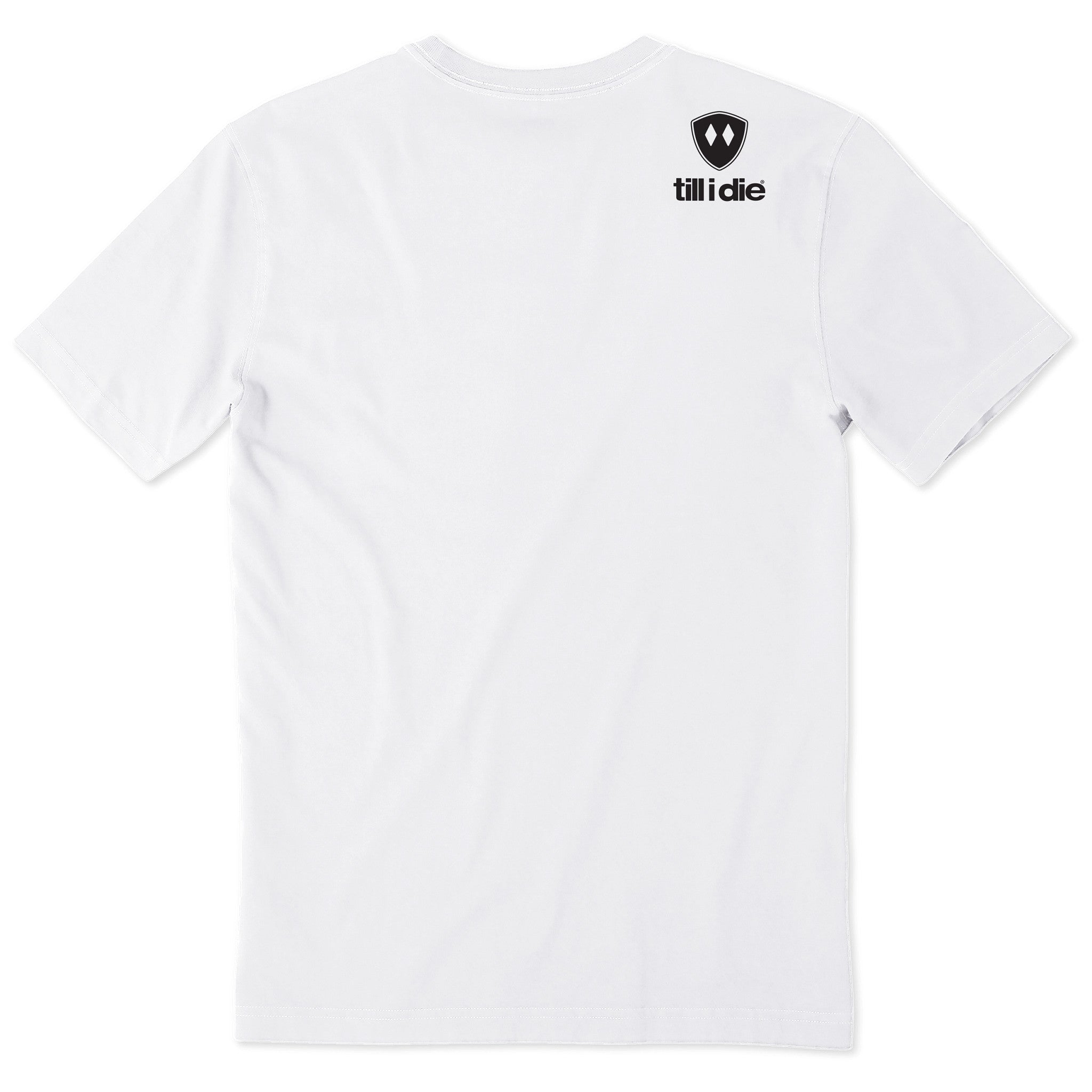 White short-sleeve crewneck t-shirt featuring a double diamond shield and the brand name 'till i die' printed on the upper right back.