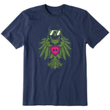 Navy blue short sleeve T-shirt featuring a bold military green winged skull wearing sunglasses, finished with a bright pink Double Diamond shield at the center.