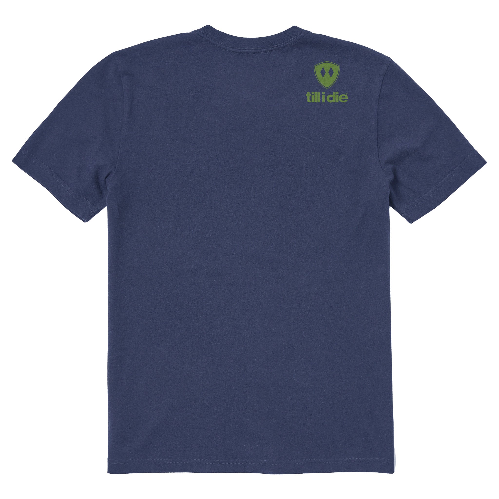 A navy blue short-sleeve t-shirt shown from the back, featuring a double diamond shield and the brand name 'till i die' printed on the upper right back.