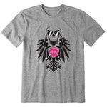 Heather Gray short sleeve T-shirt featuring a bold black winged skull wearing sunglasses, finished with a bright pink Double Diamond shield at the center.